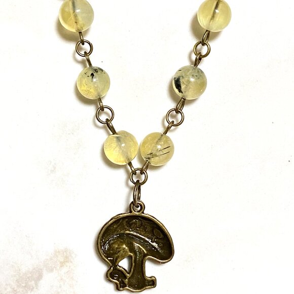 Natural Yellow Green Prehnite Necklace, Bronze Round Mushroom + Genuine Gemstone - Picture 5 of 16